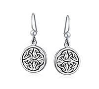 Ancient Viking Medallion Woven Celtic Knot Round Circle Disc Dangle Earrings For Women Irish Fish Hook Oxidized .925 Sterling Silver