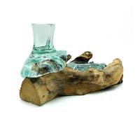 Ancient Wisdom Elegant Molten Glass Flower Vase & Tealight Holder on Unique Gamal Wood Base - Sustainable, Versatile Home Decor Accessory, MGW-35