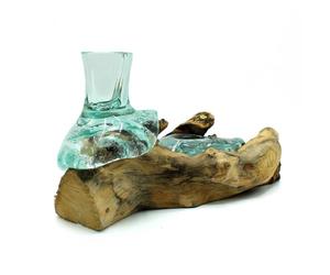 Ancient Wisdom Elegant Molten Glass Flower Vase & Tealight Holder on Unique Gamal Wood Base - Sustainable, Versatile Home Decor Accessory, MGW-35