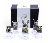 Ancient Wisdom Glass & Brass Bottom Up Shot Glasses, 50ml, Antique Bronze, Wild Forest Creatures Theme, Set of 6, Gift Set