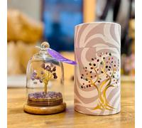 Ancient Wisdom Handcrafted Amethyst Gemstone Tree with Glass Dome, 30 Crystal Chips, Wooden Base, Spiritual Decor, 8x12 cm, Meditation and Home Display