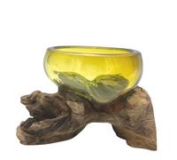 Mini Amber Molten Glass Bowl With Wooden Base Decorative Accent