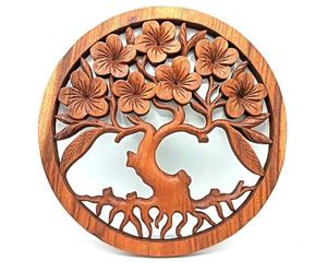 Ancient Wisdom Suar Wood Wall Panel, Tree of Life with Frangipani Design, Handmade Carved Décor