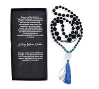 Ancient Wisdom Volcanic Lava Stone Necklace, Black, Turquoise and Blue, Handmade Beaded Design with Tassel, Calming Influence Collection