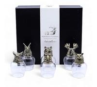 Ancient Wisdom Wild Forest Creatures Glass & Brass Bottom Up Glasses, 100ml, Antique Bronze, Forest Animal Heads, Wildlife Theme, Bar Drinkware, Gift Set of 6