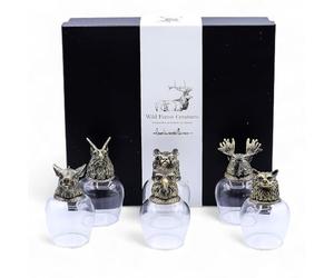 Ancient Wisdom Wild Forest Creatures Glass & Brass Bottom Up Glasses, 100ml, Antique Bronze, Forest Animal Heads, Wildlife Theme, Bar Drinkware, Gift Set of 6