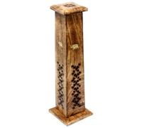 Ancient Wisdom Wooden incense stick holder Tower Square with brass Elephant inlay - Mango Wood