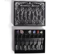 Ancient Witch Gemstone Spoon Set - 7-Piece Crystal Witch Spoons for Altar Decor, Ritual Tools, Tea Rituals & Spiritual Gifts - Raw Gemstones with Embossed Handles in Dark Silver