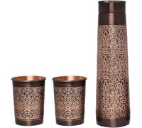 ANCIENTIMPEX Copper Water Bottle with 2 Tumblers - Floral Pattern Lighthouse Shape | Pure Copper Drinkware for Ayurveda Health, Digestion & Detox