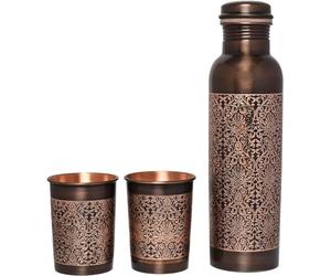 ANCIENTIMPEX Copper Water Bottle with 2 Tumblers | Pure Copper Floral Pattern Bottle & 2 Glasses | Ayurveda Health Benefits | Eco-Friendly Drink ware Gift Set