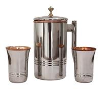 ANCIENTIMPEX Stainless Steel and Pure Copper Water Pitcher with 2 Matching Tumblers for Ayurveda Health Benefits (Brass Knob with Long Glass)