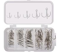 ANCLLO 50pcs Fishing Treble Hooks Kit - High Carbon Steel Hooks Strong Sharp Round Bend Treble Fishing Hooks for Hard Bait Lures Saltwater Freshwater Fishing Silver