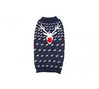 Ancol Christmas Snowflake Reindeer Dog Sweater in Blue - Festive Knit Design with Pom Pom Nose - Warm Winter Pet Jumper with Harness Hole - Cosy Holiday Wear - XXS 20cm L