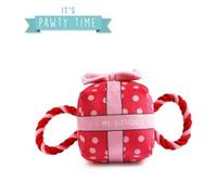 Ancol Its My Birthday Present Pink Dog Tugging Rope Toy Squeaky Strong Fun Interactive Tug of War Playing Retrieve Soft Pet Puppy Plushie Toy - Small
