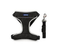 Ancol Reflective Travel and Exercise Dog Harness Black Nylon Webbing for Dogs - Reflective Strips and Detachable Seat Belt Clip - Large 55-87cm