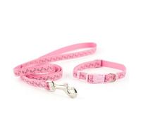 Ancol Small Bite Refl Paw&Bone Collar( adjusts 20-30cm) & Lead ( 1m x 10mm) Set Pink
