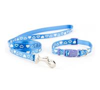 Ancol Small Bite Heart Collar and Lead Set Blue Silky Nylon with Heart Design - Adjustable Collar for Small Dogs - 20-30cm Length