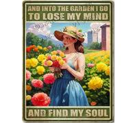 And Into The Garden I Go To Lose My Mind and Find My Soul Vintage Tin Sign for Bedroom, Decorative Tins for Home Office, Rose Wall Decor, Tin Garden Sign, Gift for Gardeners 12x16 Inches