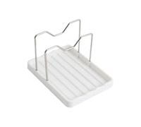 - and pan lid holder, stand for the kitchen worktop with a drip tray, lid holder and spoon rest, for use with cooking utensils, kitchen stove, chopping board and baking tray