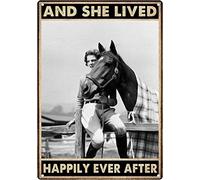 and She Lived Happily Ever After Sign Metal Tin Signs Wall Decor,Vintage Woman with Horse Wall Art Poster for Bedroom Living Room Home Decor,Best Birthday Thanksgiving 8"x12"