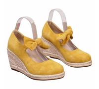Andales Women's Summer Comfortable Orthopaedic Breathable Closed Toe Espadrille Sandal Elegant Breathable Thick Mary Jane Elegant Vintage Bow, Yellow, 9.5 UK