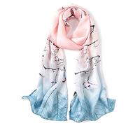 ANDANTINO 100% Mulberry Silk Long Scarf for Women Large Shawls for Headscarf and Neck- Oblong Hair Wraps with Gift Packed (Blue&pink branches)