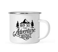 Andaz Press 11oz. Stainless Steel Camping Coffee Mug Gift, And So The Adventure Begins Mug, 1-Pack, Birthday Christmas Outdoors Wedding Metal Enamel Camping Mug Camp Coffee Mug Adventure Time Mugs