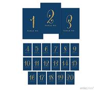 Andaz Press Table Numbers 1-20, Gold Glitter Print, 4x6-Inch Single-Sided Cardstock Sign, Navy Blue, 1-Set Navy Blue Table Numbers For Weddings Reception
