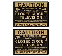 Andchi 2 pcs CCTV 24H Video Surveillance Sign, Closed Circuit Signs, Gold & Black Security Aluminium Metal Waring Signs for Home Yard, 14 x 10 inches