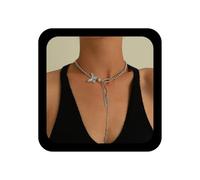 Andelaisi Boho Butterfly Y Lariat Necklace Long Y Drop Necklace Chain Silver Pearl Choker Necklace Vintage Cross Lariat Y Necklace Chain for Women