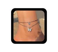 Andelaisi Boho Layered Crystal Butterfly Ankle Bracelet Vintage CZ Butterfly Ankle Chain Silver Double Butterflies Foot Chain Adjustable Animal Link Bracelet Accessories for Women