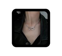 Andelaisi Punk Chunky Link Chain Necklace Double Heart Necklaces Thick Paperclip Chain Necklaces Choker Silver Open Heart Pendant Necklaces for Women