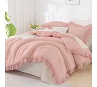 Andency Blush Pink Ruffle Comforter Full, 3 Pieces Rustic Farmhouse Shabby Chic Comforter Set, Vintage Lightweight Soft Microfiber Down Alternative Bedding Comforter Set