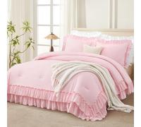 Andency Pink Comforter Set Queen Size, Lightweight Fluffy Farmhouse Pink Ruffle Bedding Set, Soft Microfiber All Season Shabby Chic Bed Comforter Set 3 Pieces(1 Ruffle Comforter 2 Pillowcases)