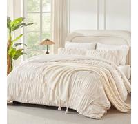 Andency Ruched Beige King Size Comforter Set, Shabby Chic Pleated Bedding Sets 3 Pieces, Lightweight Soft Boho Ruffle Bed Set for Girls, Kids, Women, All Season