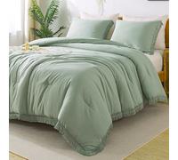 Andency Sage Green Tassel Comforter Set California King, 3 Pieces Boho Lightweight Farmhouse Shabby Chic Bedding Comforter Sets, All Season Soft Fringe Bed Set (104x96In Comforter & 2 Pillowcases)