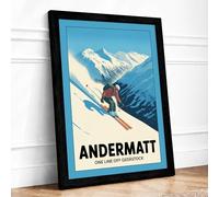 Andermatt Alpine Descent Vintage Framed Wall Art Print A4 (29.7×21cm) Black, Wall Decor for Living Room, Bedroom, Office & Home, Ready to Hang, Art Gift