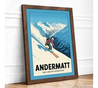 Andermatt Alpine Descent Vintage Framed Wall Art Print A4 (29.7×21cm) Walnut, Wall Decor for Living Room, Bedroom, Office & Home, Ready to Hang, Art Gift