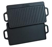 Andes Double Sided Cast Iron Griddle Plate with Handles, Ribbed Grill Pan/BBQ Skillet for Camping, 50 x 23cm