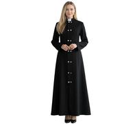 ANDHOM Clergy Dress Tab Collar Elegant Black A-Line Maxi Long Sleeves with Double-Breasted Buttons