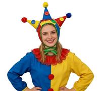 ANDHOM Colorful Jester Hat, Multicolored Clown Cap with Pom Poms, Decorative Buttons, Costume Accessory for Halloween, Carnival, Parties, Professional Performance (Colorful)