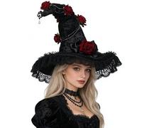 ANDHOM Gothic Witch Hat for Women, Handmade Deluxe Wizard Hat with Red Roses, Black Jacquard Satin Lace Trim, Halloween Cosplay Costume Accessory, One Size (Black)