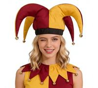 ANDHOM Jester Hat Clown Joker Costume Accessory with Bells for Halloween Christmas Carnival Mardi Gras Cosplay (Red&Yellow)