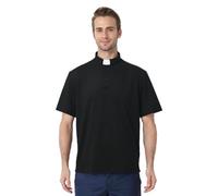ANDHOM Men's Clergy Tab Collar Polo Shirt Short Sleeve Pastor Minister Preacher Shirt Black