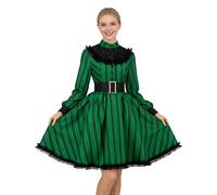 ANDHOM Victorian Gothic Green Striped Dress with Belt Haunted House Cosplay Performance Outfit Retro Style Maid Dress for Halloween Costume Stage Performance (M)