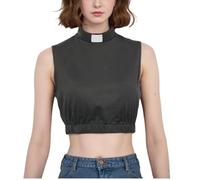 ANDHOM Women's Clergy Crop Top Sleeveless T-Shirt Tab Collar Clergy Priest Church Clergy Bib Grey