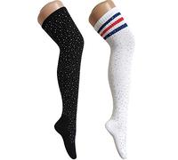 ANDIBEIQI Women's Stripe Sexy Rhinestone Over The Knee Thigh High Diamond Stockings, 2 Pack, Whtie+black, One Size