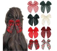 Andibro 8Pcs Christmas Bows Hair Clips, Cotton Linen Red and Black Plaid Hair Bow Christmas Red and Green Bow Clips Big Bowknot Hairpins Red Green Handmade Christmas Hair Accessories for Women