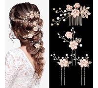Andibro Pack of 4 Bridal Wedding Hair Combs, Flowers Rhinestone Pearls Hair Pin Crystal Hair Accessories, Gold Jewellery, Updo for Wedding, Party, Prom, Bridesmaids, Flower Girl