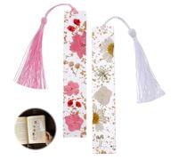Andibro Press Embossed Flower Book Mark, 2 Pcs Handmade Dried Flower Bookmarks with Colorful Silky Tassels Transparent Resin Page Marker Durable Book Accessories for Women Girls Student School Season